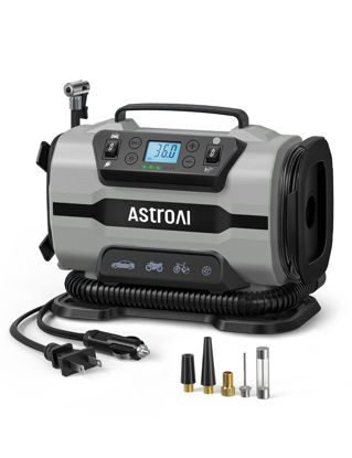Picture of AstroAI Tire Inflator Portable Air Compressor Pump 150PSI 12V DC/110V AC with Dual Metal Motors &LED Light， Automotive Car Accessories&Two mode for car, bicycle tires and air mattresses, Gray