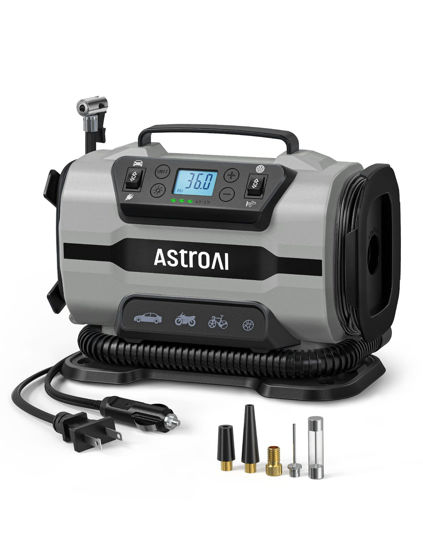 Picture of AstroAI Tire Inflator Portable Air Compressor Pump 150PSI 12V DC/110V AC with Dual Metal Motors &LED Light， Automotive Car Accessories&Two mode for car, bicycle tires and air mattresses, Gray