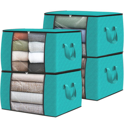 Picture of Fab totes 4 Pack Clothes Storage, Foldable Thick Fabric Blanket Storage Bags, Storage Containers for Organizing Bedroom, Closet, Clothing, Comforter, Organization and Storage with Handle,Green