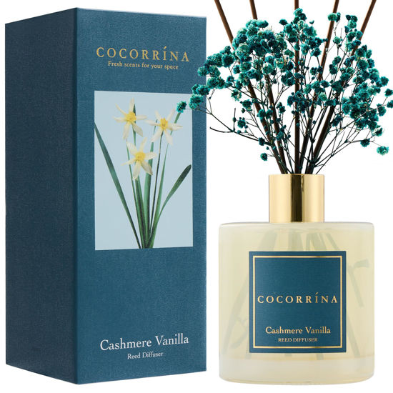 Picture of COCORRÍNA Reed Diffuser - Cashmere Vanilla 17 Fl.oz Reed Diffuser with 8 Sticks Scented Diffuser with Preserved Flowers for Bathroom Home Decor