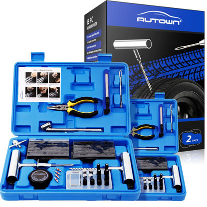Picture of AUTOWN Flat Tire Repair Kit with Plug 68 Pcs for Car, Motorcycle, ATV, Jeep, Truck, Tractor Flat Tire Repair (2-Pack) (Set of 2-68pcs)