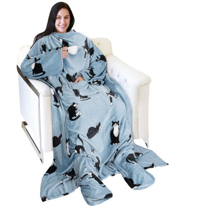 Picture of Catalonia Wearable Fleece Blanket with Sleeves and Foot Pockets for Adult Women Men, Micro Plush Comfy Wrap Sleeved Throw Blanket Robe Large, Wondercat Grey