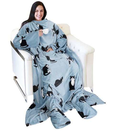 Picture of Catalonia Wearable Fleece Blanket with Sleeves and Foot Pockets for Adult Women Men, Micro Plush Comfy Wrap Sleeved Throw Blanket Robe Large, Wondercat Grey