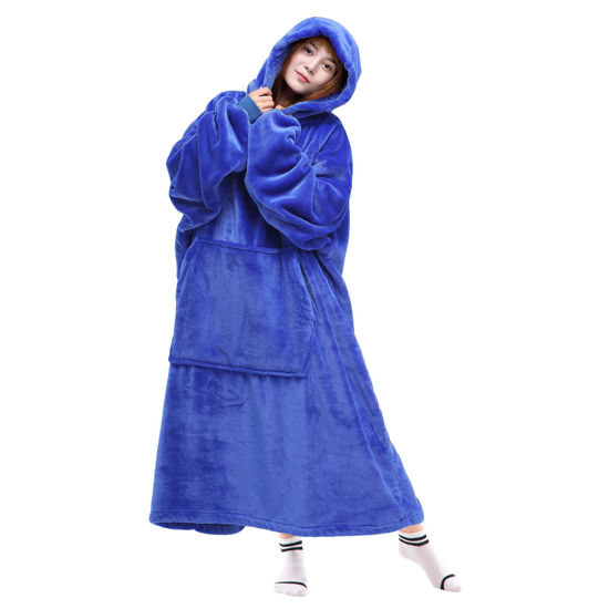 Picture of Waitu Wearable Blanket Sweatshirt Gifts for Women and Men, Warm and Cozy Giant Blanket Hoodie, Thick Flannel Blanket with Sleeves and Giant Pocket - Blue