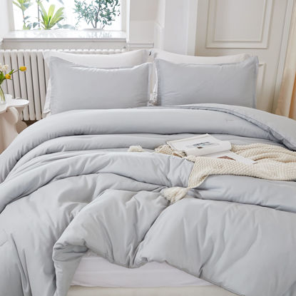 Picture of Litanika Comforters Light Grey Oversized Queen Size, 3 Pieces Lightweight Solid Bedding Comforter Set, All Season Fluffy Bed Set (98x98In Comforter & 2 Pillowcases)