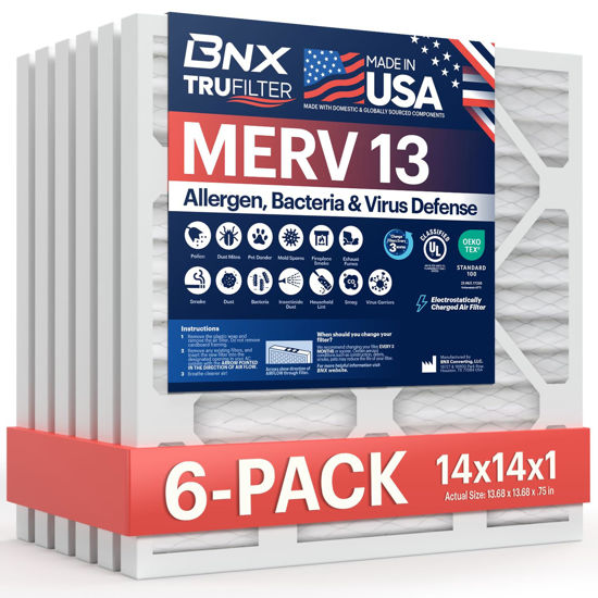 Picture of BNX TruFilter 14x14x1 Air Filter MERV 13 (6-Pack) - MADE IN USA - Electrostatic Pleated Air Conditioner HVAC AC Furnace Filters for Allergies, Pollen, Mold, Bacteria, Smoke, Allergen, MPR 1900 FPR 10