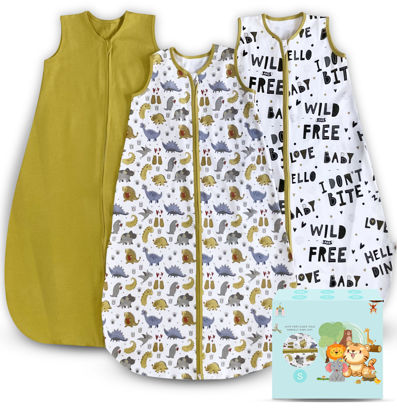 Picture of Cute Castle Baby Sleep Sack 0-6 Months - Lightweight 100% Cotton 2-Way Zipper TOG 0.5 Infant Wearable Blanket, Newborn Essentials Toddler Sleep Clothes, 3 Pack(Honey, Dinosaurs, Letters)