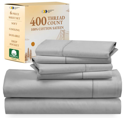Picture of California Design Den 6-Pc King Size Sheet Set with 4 Pillowcases - Soft 400 Thread Count 100% Cotton Sheets, Cooling Sateen Weave, Luxury Deep Pocket Bedsheets Set - Light Grey