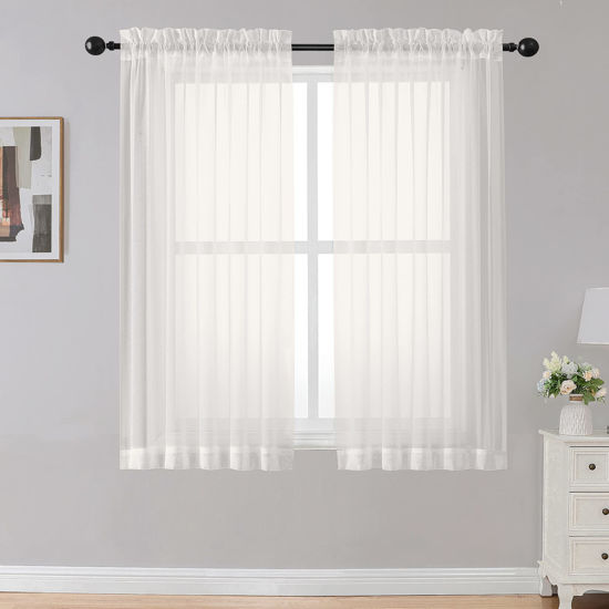 Picture of OWENIE Sheer Curtains Living Room 54 inches Long, Rod Pocket Curtain Sheers Bedroom, Light Filtering Voile Panels Drapes Basement Small Window Treatments 2 Panels, 42" W x 54" L, Ivory