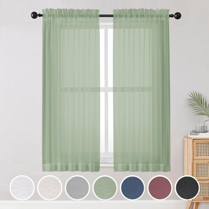 Picture of OWENIE Sheer Curtains Living Room 54 inches Long, Rod Pocket Curtain Sheers Bedroom, Light Filtering Voile Panels Drapes Basement Small Window Treatments 2 Panels, 42" W x 54" L, Sage Green