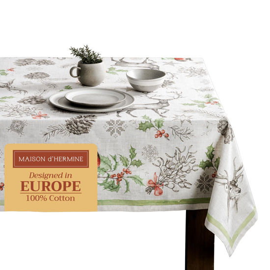 Picture of Maison d' Hermine 100% Cotton Table Cover - 70"x90" Rectangle Decorative Tablecloth - Washable Tablecloths for Dining, Home, Farmhouse & Party - For Thanksgiving & Christmas - Christmas Dew Collection