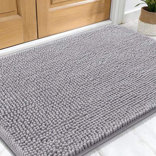 Picture of OLANLY Dog Door Mat for Muddy Paws 30x20, Absorbs Moisture and Dirt, Absorbent Non-Slip Washable Mat, Quick Dry Chenille, Mud Mat for Dogs, Entry Indoor Door Mat for Inside Floor, Light Grey