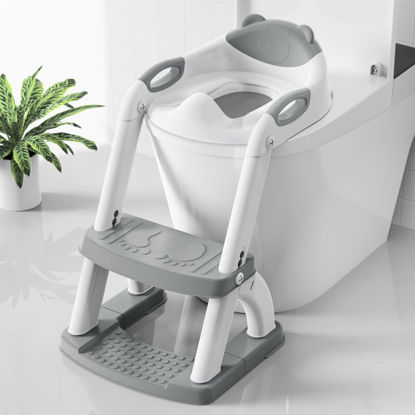 Picture of SKYROKU Potty Training Toilet, New Sector-Shape Stabilized Base two in one Toddler Toilet Seat with Splash Guard, Anti Slip Pad, and Step Stool Enamel Grey