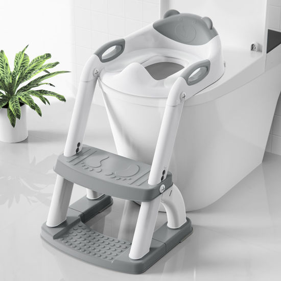 Picture of SKYROKU Potty Training Toilet, New Sector-Shape Stabilized Base two in one Toddler Toilet Seat with Splash Guard, Anti Slip Pad, and Step Stool Enamel Grey
