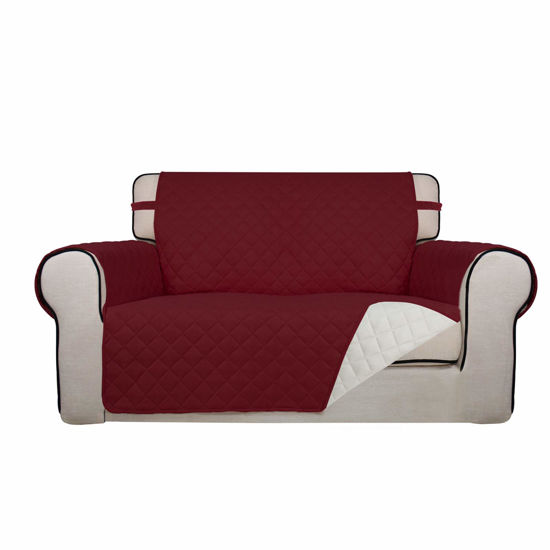 Picture of PureFit Reversible Quilted Sofa Cover, Water Resistant Slipcover Furniture Protector, Washable Couch Cover with Non Slip and Elastic Straps for Kids, Pets (Loveseat, Red/Ivory)