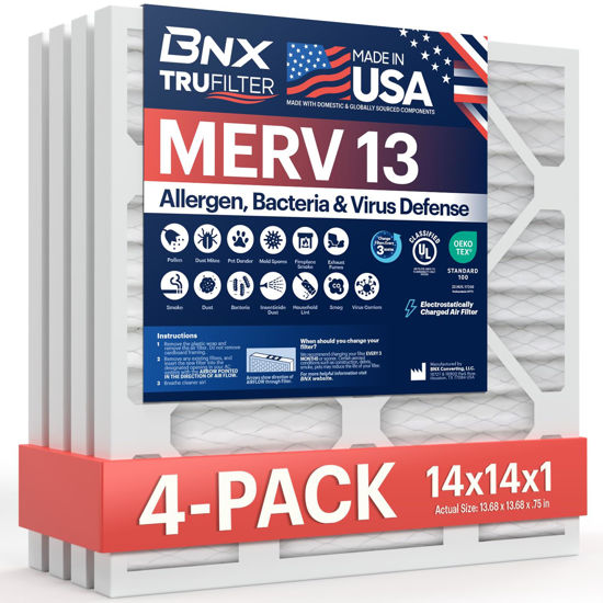 Picture of BNX TruFilter 14x14x1 Air Filter MERV 13 (4-Pack) - MADE IN USA - Electrostatic Pleated Air Conditioner HVAC AC Furnace Filters for Allergies, Pollen, Mold, Bacteria, Smoke, Allergen, MPR 1900 FPR 10