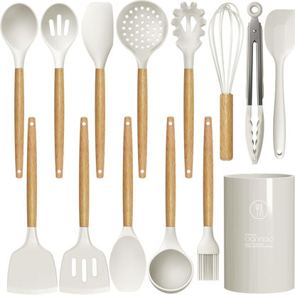 Picture of Silicone Cooking Utensils Set - 446°F Heat Resistant Silicone Kitchen Utensils for Cooking,Kitchen Utensil Spatula Set w Wooden Handles and Holder for Non-Stick Cookware (Cream White)