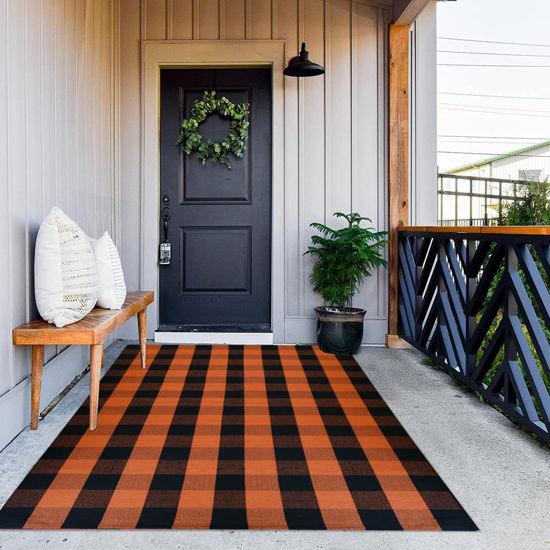 Picture of MUBIN Cotton Orange and Black Plaid Rug, 4 x 6 Ft Fall Outdoor Front Door Decorative Mat, Hand-Woven Rug for Layered Door Mats Washable Carpet for Porch, Entryway, Farmhouse, Autumn, Halloween