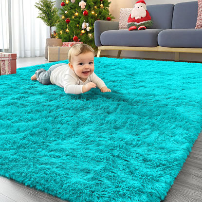 Picture of OLANLY Area Rugs for Living Room Bedroom, Machine Washable 4x5.9 Feet Soft Fluffy Shaggy Bedside Rug, Indoor Floor Carpet for Kids Girls Boys, Dorms, Nursery Rooms, Home Decor Aesthetic, Teal Blue