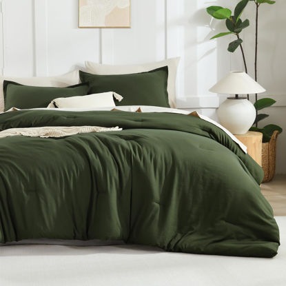 Picture of Litanika Comforters Olive Green Oversized Queen Size, 3 Pieces Lightweight Solid Bedding Comforter Set, All Season Fluffy Bed Set (98x98In Comforter & 2 Pillowcases)