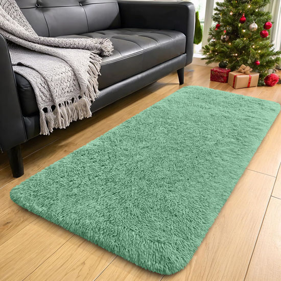 Picture of OLANLY 2x4 Machine Washable Runner Rugs for Hallway, Soft Fluffy Shaggy Bedside Rugs for Bedroom, Living Room, Indoor Floor Carpet for Kids Girls Boys, Nursery Rooms, Home Decor Aesthetic, Mint Green