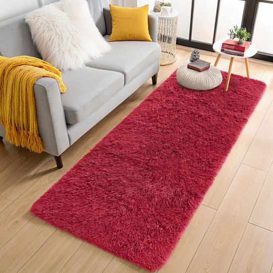 Picture of OLANLY 2x8 Machine Washable Runner Rugs for Hallway, Soft Fluffy Shaggy Bedside Rugs for Bedroom, Living Room, Indoor Floor Carpet for Kids Girls and Boys, Nursery Rooms, Home Decor Aesthetic, Red