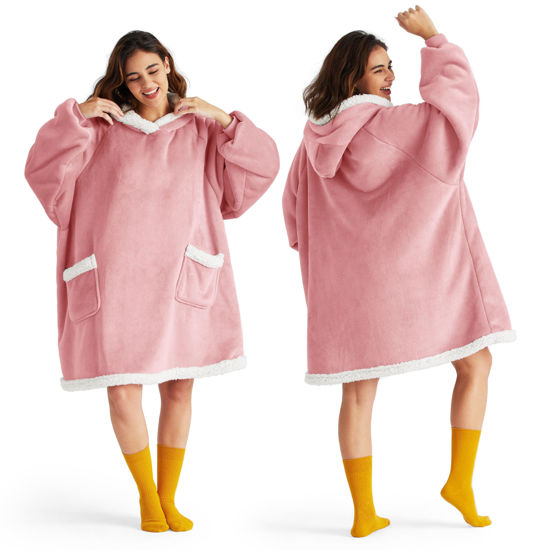 Picture of Bedsure Blanket Hoodie, Wearable Blanket for Adult & Kids as Gifts for Women Men, Birthday Gifts for Women Mom Sherpa Hoodie, Mellow Rose, Small