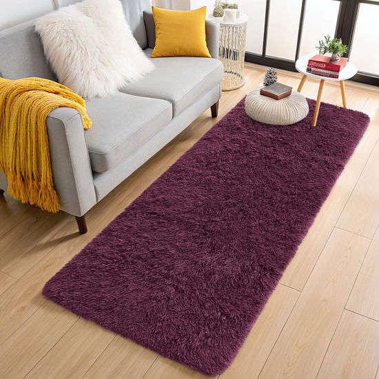 Picture of OLANLY 2x8 Machine Washable Runner Rugs for Hallway, Soft Fluffy Shaggy Bedside Rugs for Bedroom, Living Room, Indoor Floor Carpet for Kids Girls Boys, Nursery Rooms, Home Decor Aesthetic, Burgundy