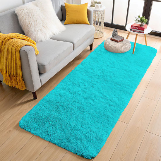 Picture of OLANLY 2x5 Machine Washable Runner Rugs for Hallway, Soft Fluffy Shaggy Bedside Rugs for Bedroom, Living Room, Indoor Floor Carpet for Kids Girls Boys, Nursery Rooms, Home Decor Aesthetic, Teal Blue