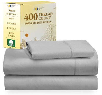 Picture of California Design Den Softest 100% Cotton Sheets, Twin XL Sheets Set, 400 Thread Count Sateen Bedding for Dorm Rooms & Adults, Deep Pocket Sheets, Cooling Sheets (Light Grey)