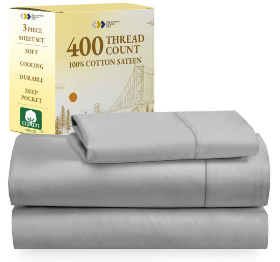 Picture of California Design Den Softest 100% Cotton Sheets, Twin XL Sheets Set, 400 Thread Count Sateen Bedding for Dorm Rooms & Adults, Deep Pocket Sheets, Cooling Sheets (Light Grey)