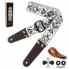 Picture of Nefelibata Guitar Strap - Vintage Embroidered Cotton Guitar Straps with Genuine Leather Ends for Bass, Electric & Acoustic Guitar, Best Gifts for Kids, Men & Women Guitarists (White Flower)