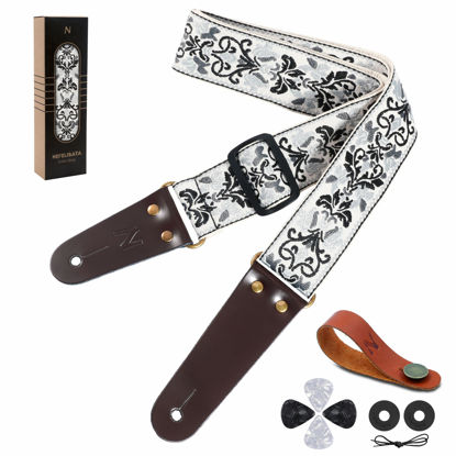 Picture of Nefelibata Guitar Strap - Vintage Embroidered Cotton Guitar Straps with Genuine Leather Ends for Bass, Electric & Acoustic Guitar, Best Gifts for Kids, Men & Women Guitarists (White Flower)
