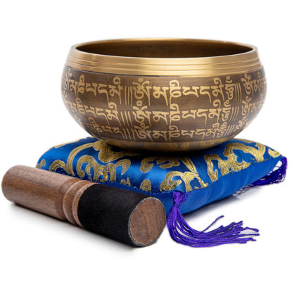 Picture of Tibetan Singing Bowl Set - Easy To Play Authentic Handcrafted For Meditation Sound Bowl Chakra Yoga Healing 4 Inches By Himalayan Bazaar (Brown & Blue)