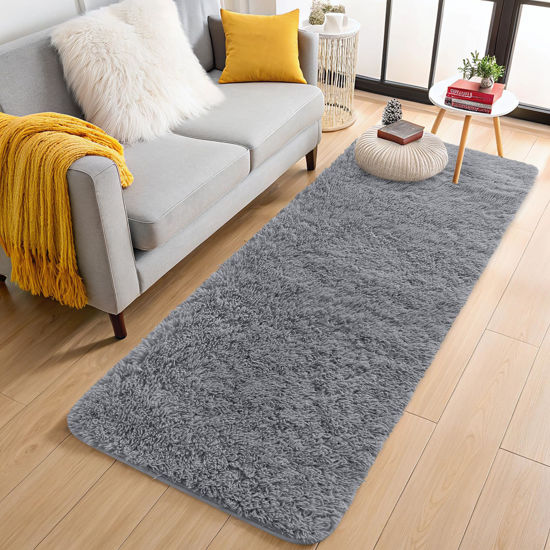 Picture of OLANLY 2x8 Machine Washable Runner Rugs for Hallway, Soft Fluffy Shaggy Bedside Rugs for Bedroom, Living Room, Indoor Floor Carpet for Kids Girls Boys, Nursery Rooms, Home Decor Aesthetic, Light Grey