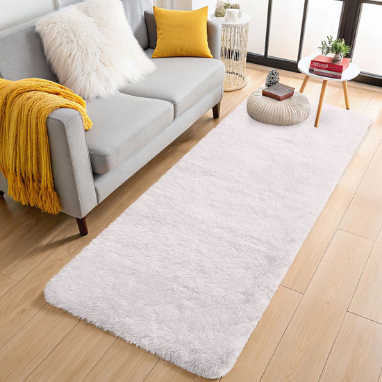 Picture of OLANLY 2x8 Machine Washable Runner Rugs for Hallway, Soft Fluffy Shaggy Bedside Rugs for Bedroom, Living Room, Indoor Floor Carpet for Kids Girls and Boys, Nursery Rooms, Home Decor Aesthetic, White