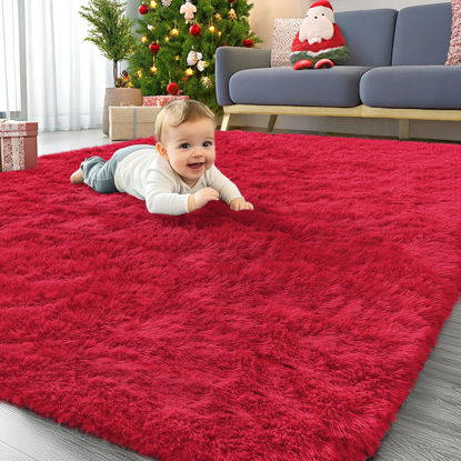 Picture of OLANLY Area Rugs for Living Room Bedroom, Machine Washable 4x5.9 Feet Soft Fluffy Shaggy Bedside Rug, Indoor Floor Carpet for Kids Girls and Boys, Dorms, Nursery Rooms, Home Decor Aesthetic, Red