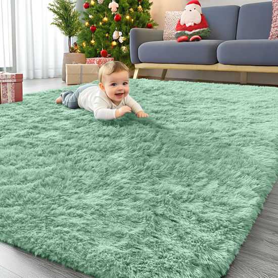 Picture of OLANLY 5x8 Machine Washable Large Area Rugs for Living Room, Bedroom, Soft Fluffy Shaggy Bedside Rug, Indoor Floor Carpet for Kids Girls and Boys, Dorms, Nursery, Home Decor Aesthetic, Mint Green