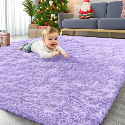 Picture of OLANLY Area Rugs for Living Room Bedroom, Machine Washable 4x5.9 Feet Soft Fluffy Shaggy Bedside Rug, Indoor Floor Carpet for Kids Girls Boys, Dorms, Nursery Rooms, Home Decor Aesthetic, Light Purple