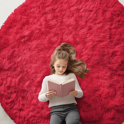 Picture of OLANLY Red Round Rugs for Bedroom - Machine Washable, 6x6 Feet Circle Area Rugs for Living Room, Soft and Fluffy Shaggy Carpet for Teen Girls and Boys, Dorms, Nursery Rooms, Home Decor Aesthetic