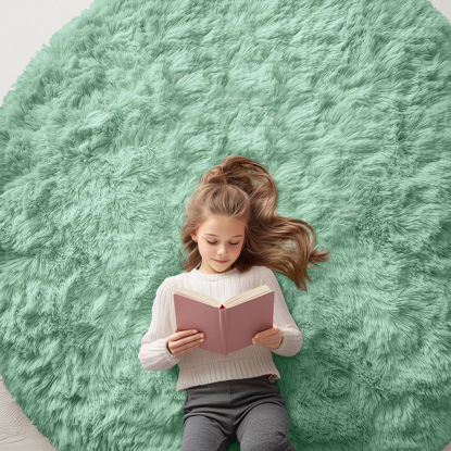 Picture of OLANLY Mint Green Round Rugs for Bedroom - Machine Washable, 6x6 Feet Circle Area Rugs for Living Room, Soft and Fluffy Shaggy Carpet for Teen Girl and Boys, Dorms, Nursery Rooms, Home Decor Aesthetic