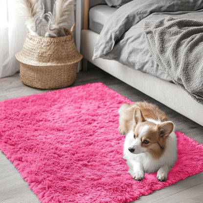 Picture of OLANLY 2x3 Machine Washable Small Bedside Rug, Soft Fluffy Shaggy Entryway Throw Rugs for Bedroom, Living Room, Indoor Floor Carpet for Kids Girls Boys, Nursery Rooms, Home Decor Aesthetic, Hot Pink
