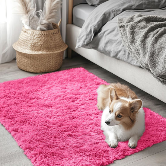 Picture of OLANLY 2x3 Machine Washable Small Bedside Rug, Soft Fluffy Shaggy Entryway Throw Rugs for Bedroom, Living Room, Indoor Floor Carpet for Kids Girls Boys, Nursery Rooms, Home Decor Aesthetic, Hot Pink