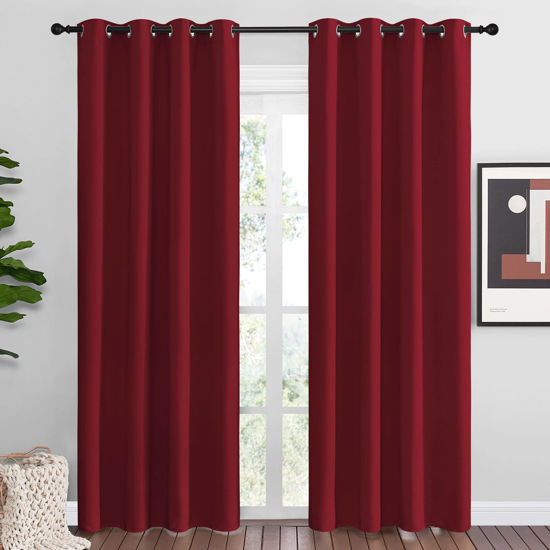 Picture of NICETOWN Christmas Burgundy Blackout Curtains Grommet - Home Decorations Thermal Insulated Solid Grommet Top Blackout Living Room Panels/Drapes for Gift (1 Pair, 55 x 86 inches, Red)