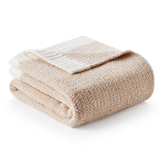 Picture of Snuggle Sac Heather Beige Throw Blanket for Couch, Ultra Soft Warm Blankets Cozy Knit Fuzzy Plush Lightweight Throw XL Size for Sofa, Bed, Heather Beige, 50x70 inches