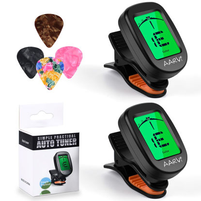 Picture of Clip On Guitar Tuner 2 Pack for All Instruments, Acoustic/Electric Guitar, Ukulele, Bass, Violin, Banjo, Large Clear LCD Display for Guitar Tuner, Chromatic Tuner, 8 Pack Guitar Picks Included