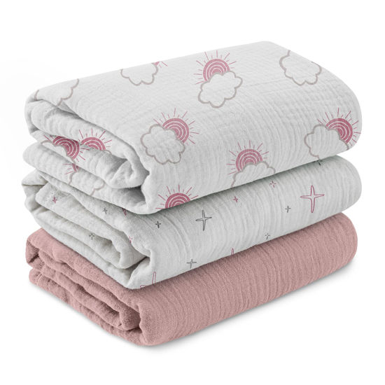 Picture of Muslin Swaddle Blankets for Newborn, 3 Pack Breathable Soft Receiving Blanket, Large 38 x 40 inches Swaddle Wrap Burping Clothes Diapers, Essentials Infant Shower Items, Toddler Gift (Clouds & Stars)