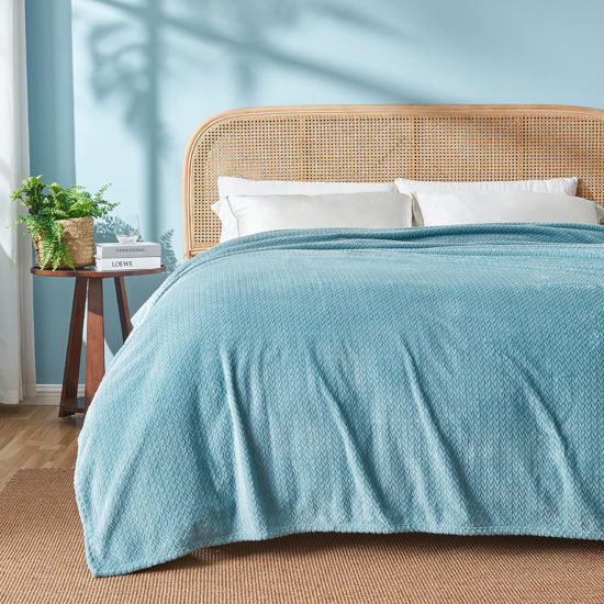 Picture of NEWCOSPLAY Super Soft Queen Blanket Light Blue Premium Silky Flannel Fleece Leaves Pattern Lightweight Bed Blanket All Season Use (Light Blue, Queen(90"x90"))