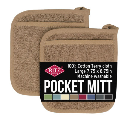 Picture of Ritz Terry Pocket Mitt & Hot Pad: Unparalleled Heat Resistant, Durable 100% Cotton - Ergonomically Designed for Optimal Grip - Easy-Care Machine Washable, Perfect for Your Kitchen - Mocha Brown, 2-Pk