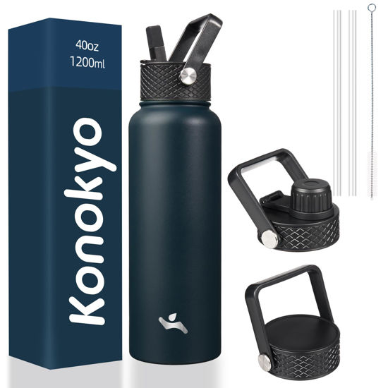 Picture of Konokyo 40oz Insulated Water Bottle Stainless Steel Sport Bottles with 3 Lids,Navy Blue